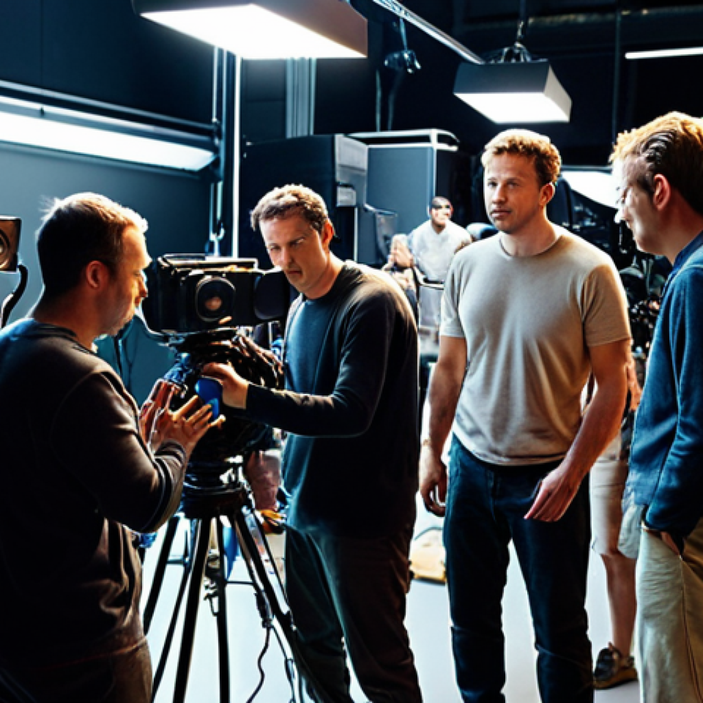 **Film Crew on Set:** A bustling film set with staff operating cameras and lighting equipment, emphasizing the energy and teamwork.