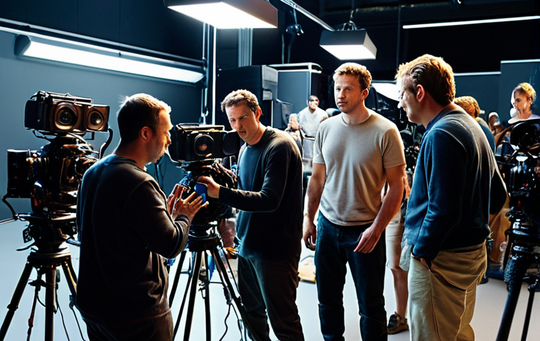 **Film Crew on Set:** A bustling film set with staff operating cameras and lighting equipment, emphasizing the energy and teamwork.